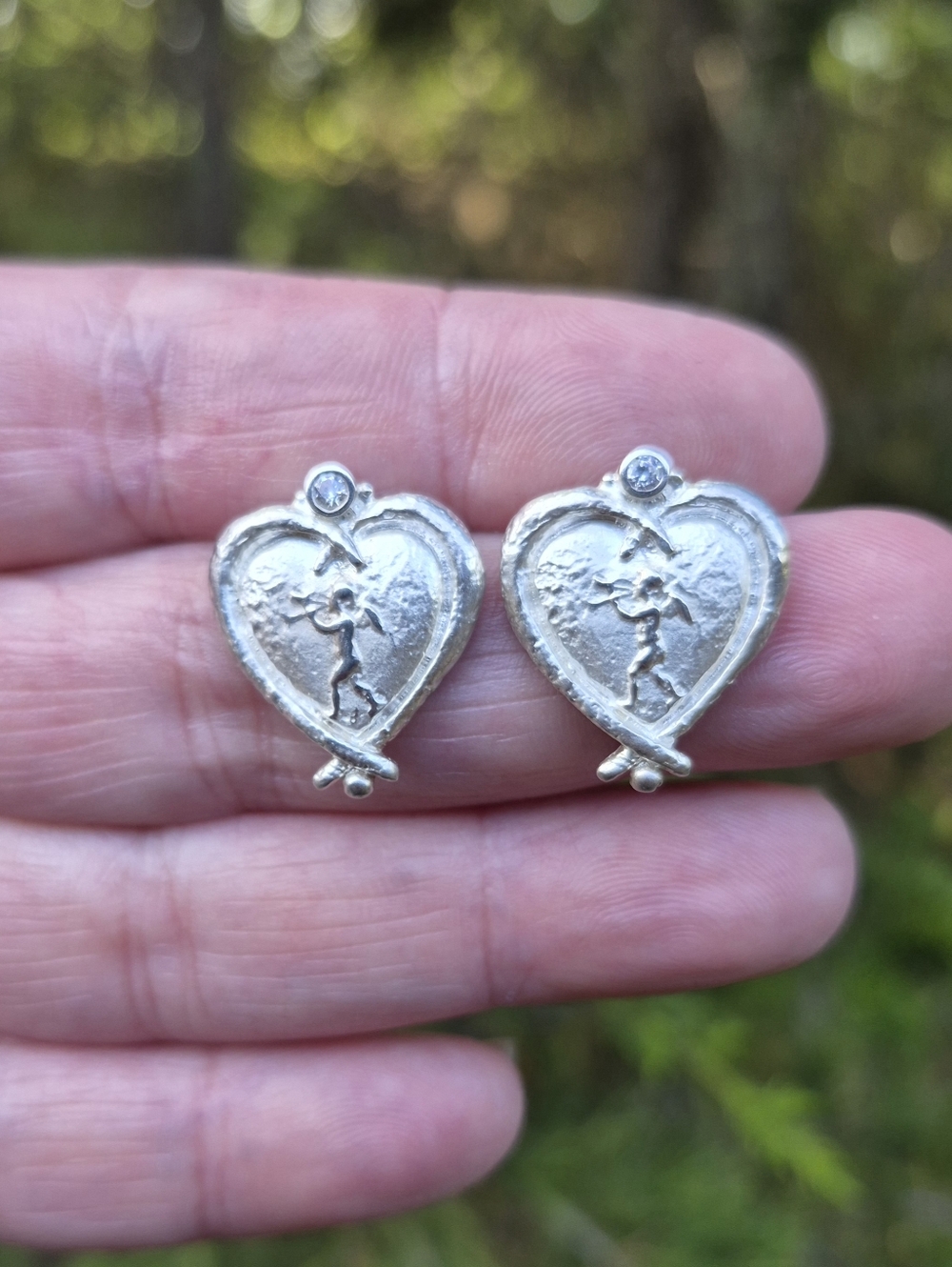Romantic Cherub Heart Cupid Sterling Silver CZ Stud Earrings Signed High Relief